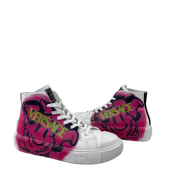 VERSACE Men's Greca Smile High Top Lace Sneakers Platform White Pink Graffiti 43